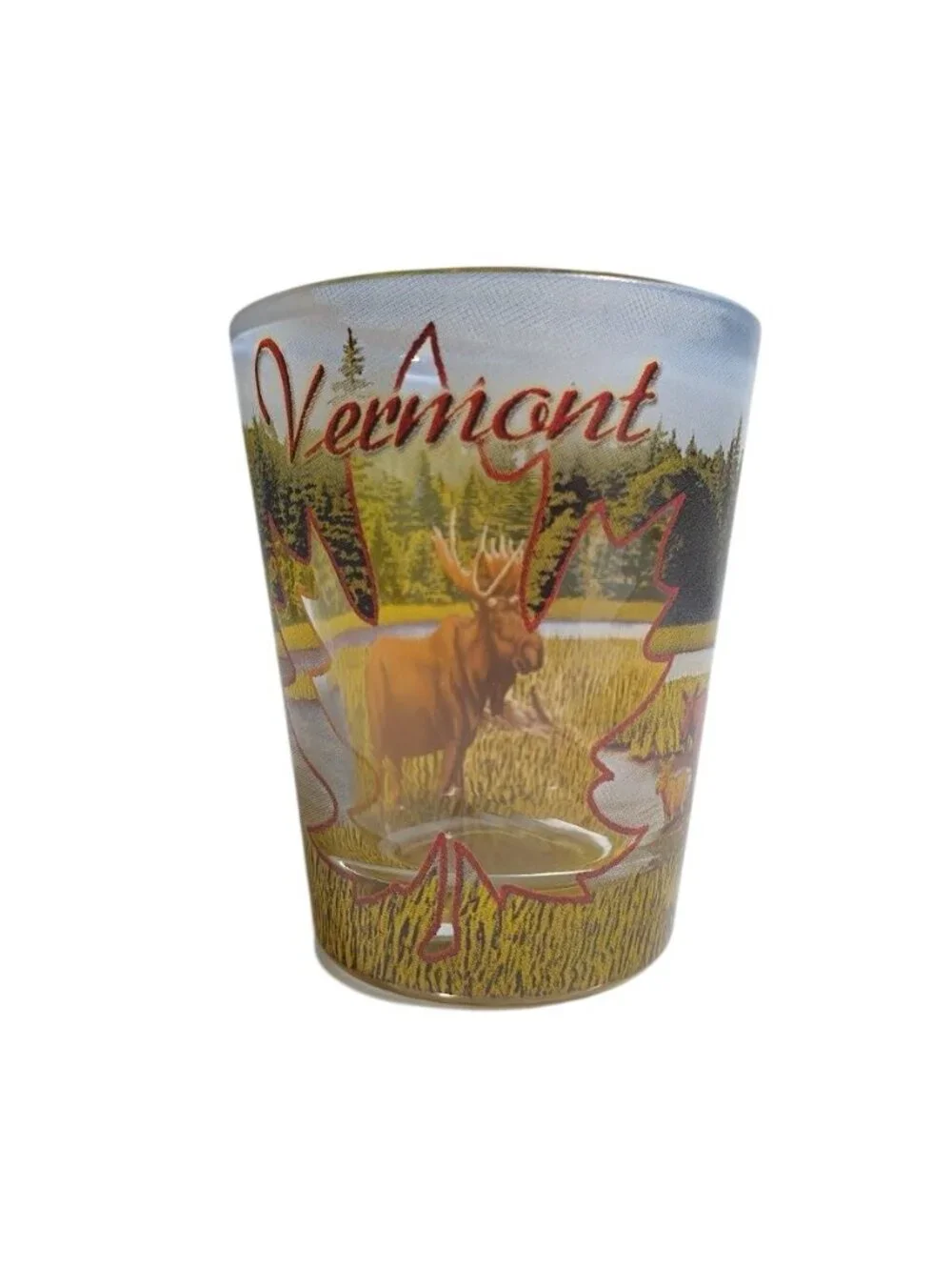 Vermont Moose Souvenir Shot Glass Collectible Maple Leaf Colorful Scenic Artwork